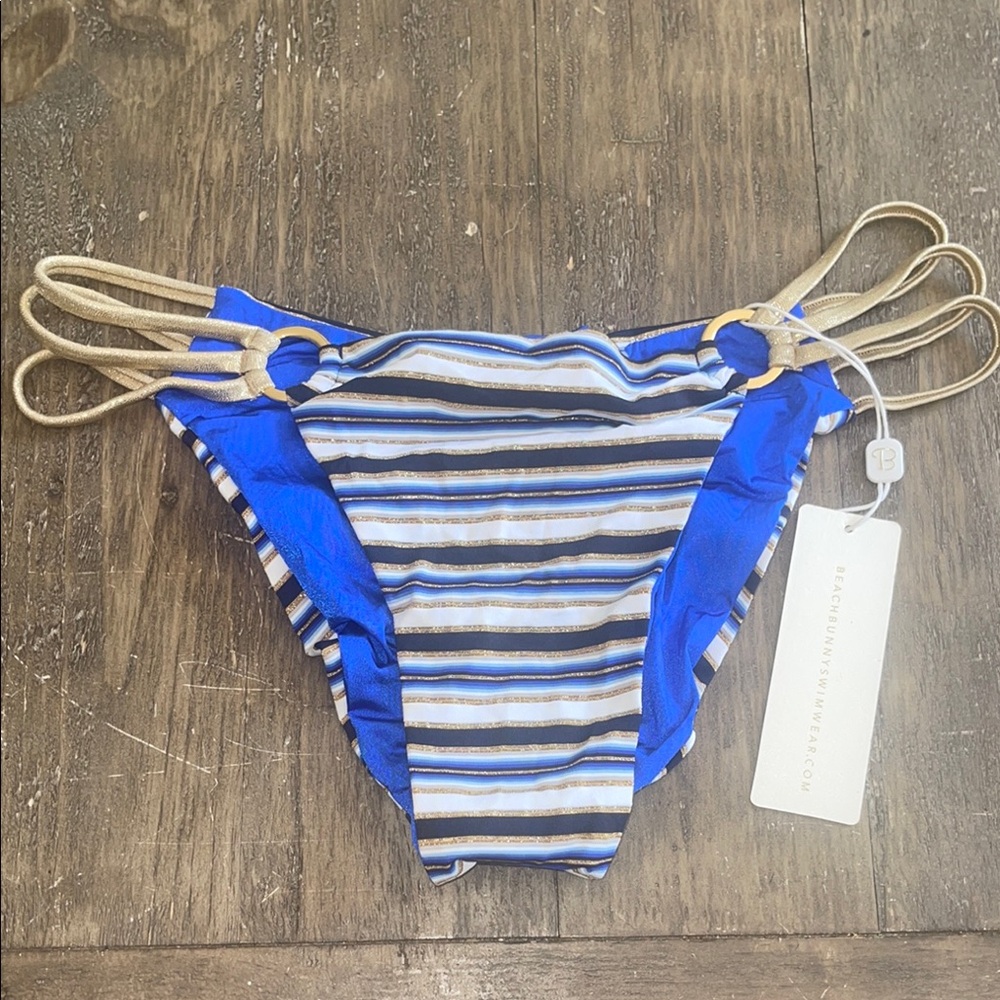 Beach Bunny Striped Blue and Gold Bikini Bottom